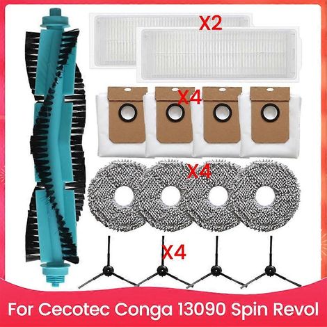 Les accessoires compatibles avec l'aspirateur Cecotec Conga 13090 Spin Revol comprennent la brosse principale, les brosses latérales, le filtre HEPA, la serpillière et le sac à poussière. (1/5)