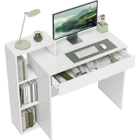 Weißer Computertisch mit Regalen und Schublade, Maße 100x40x90 cm, praktischer Stauraum.