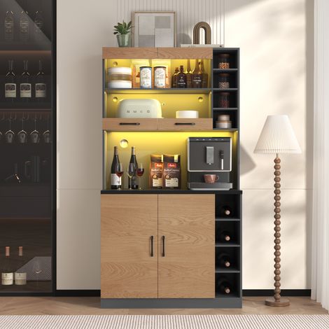 Buffet 100x47x187 cm, avec éclairage LED et passe-câbles, avec 2 portes vitrées, 2 portes armoire, 8 étagères latérales séparées, poignées noires - Gris (1/5)