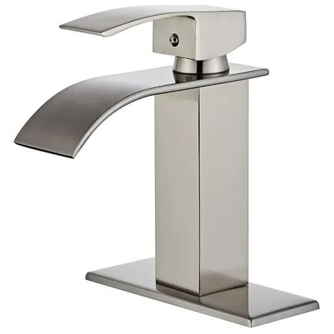 Grifo monomando para lavabo de baño, caño y base tipo cascada, acabado satinado.