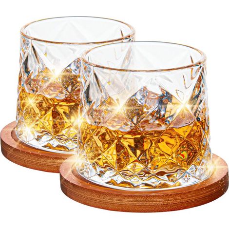 Coffret cadeau transparent de 2 verres à whisky en cristal avec sous-verre en bambou (2 x 30 cl) (1/5)