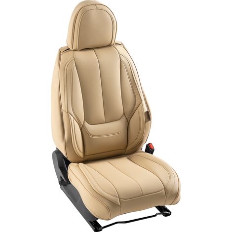 Mophorn Fundas de Asiento Universales Delanteros, 6 Piezas de Funda de Asiento de Piel Sintetica, Reposacabezas Desmontable y Compatible con Airbag, para la Mayoría de los Coches, SUV y Camión, Beige (1/5)