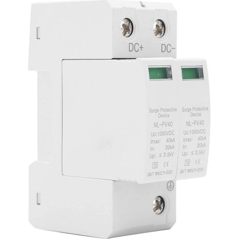 Dispositivo di protezione da sovratensione 2P 1000V 20-40KA per installazione su binario fotovoltaico.
