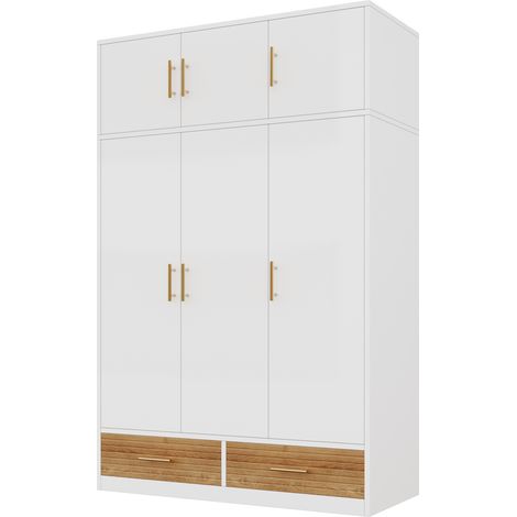 CHICFURN Armoire 3 portes avec penderie, étagères, 2 tiroirs et compartiment haut, dressing de chambre en MDF blanc, meuble de rangement 120x50x180 cm (1/5)