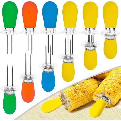 Corn Holder - Stainless Steel Prongs - Silicone Ergonomic Handle - Interlocking Design - For Grilling Cooking Eating Corn On The Cob - 12 Pieces 6 Pairs (1/5)