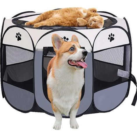 Parc pliable pour chien/chiot - Parc portable pour chien, chat et lapin, imperméable, gris Oxford, dimensions : 91 x 91 x 58 cm (1/5)