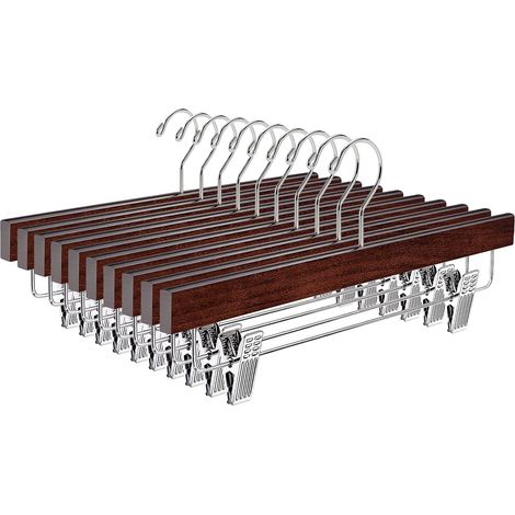 10er-Pack Retro-Hosenbügel aus Holz (14 Zoll), antike, glatte Holz-Rockbügel mit verstellbaren, rutschfesten Chromklammern, walnussbrauner Massivholz-Kleiderständer für Unterwäsche, Jeans