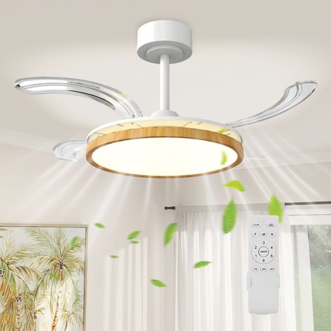 Ventilateur de plafond avec lumière et télécommande, plafonnier ventilateur 95 cm avec pales rétractables, bois naturel (1/5)
