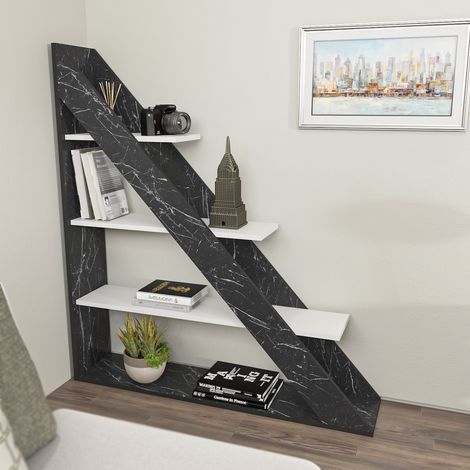 Decorotika Pisagor 4-tier Biblothèque d`angle Bookshelf Noir Marble Effect Blanc (1/5)