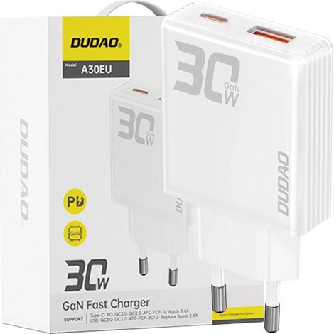 Dudao A30EU 30W GaN USB-A / USB-C Wandladegerät – Weiß