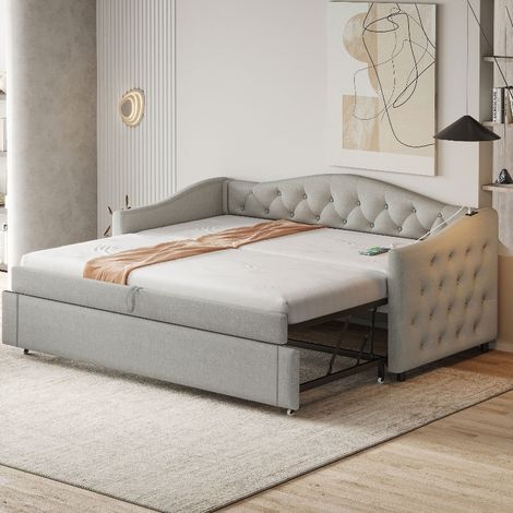 Ausziehbares Schlafsofa 90x200 cm mit USB-Anschluss und Lattenrost, Multifunktionales Polsterbett und Gästebett aus Leinenstoff, Grau (1/5)