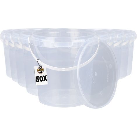 Lot de 50 seaux en plastique transparent 0,98 L – Couvercle hermétique – Poignées ergonomiques – Pour rangement jouets et bricolage – Fixedbyu