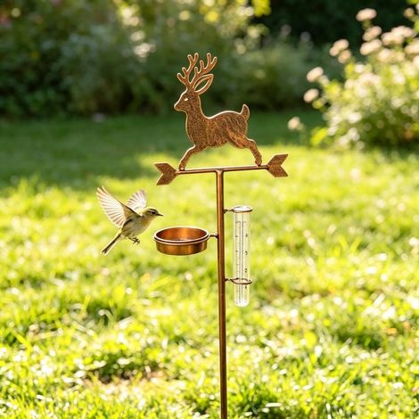 Jauge de Pluie de Jardin en Métal avec Mangeoire à Oiseaux, Pluviomètre Décoratif en Forme de Cerf pour Extérieur, Cour et Pelouse