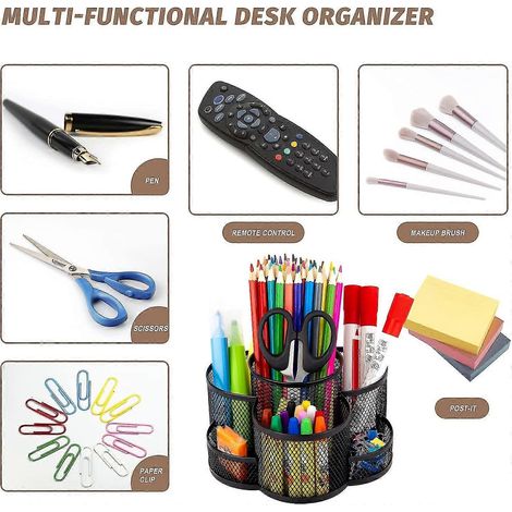 Porte-crayons en maille pour bureau, organiseur de bureau rotatif à 360° avec 7 compartiments, organisateur de papeterie en métal, grand rangement pour fournitures de bureau (1/5)
