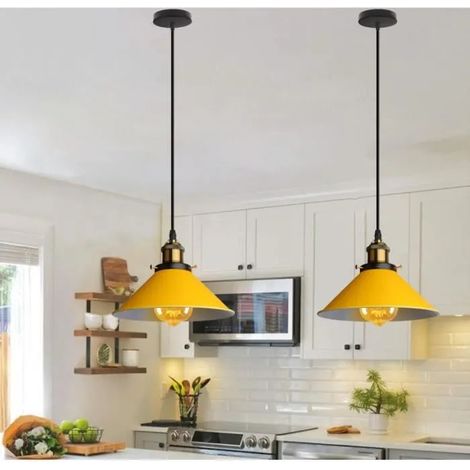 U-DO 2Pcs Suspension Ajustable Vintage,22CM Lustre Abat - Jour Cage en Fer Jaune Lampe de Plafonde Intérieur pour Salon Cuisine (1/4)