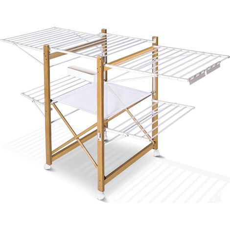 Séchoir à Linge Grande Capacité avec roulettes et Maille Etendoir Extensible Pliable Multifonction Imitation Bois 30m de Séchage pour Usage Intérieur 180x105x61cm Blanc (1/5)