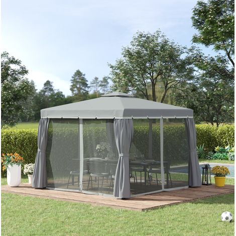 Pérgola de jardín 2,96 x 2,96 m con doble techo, mosquiteras y cortinas, antracita (1/5)