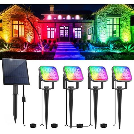 Foco solar exteriores, lámpara solar 4 1, RGB, encendido/apagado automático, resistente IP65, lámpara solar exteriores, porche [Clase energética (1/5)