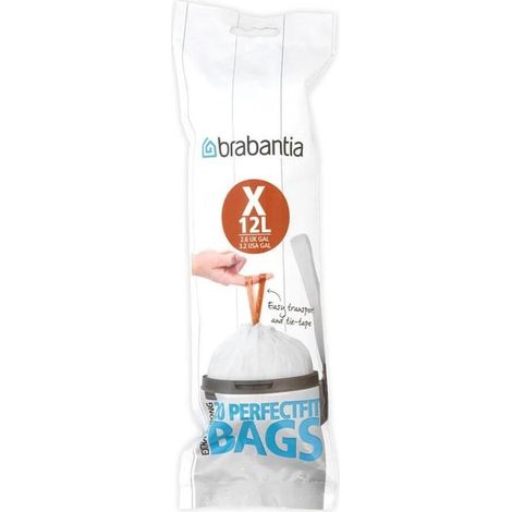 Brabantia 116728 PerfectFit Sacchetti Spazzatura Codice X 12 L 20 Pezzi Anti-strappo con Nastro di Chiusura colore Bianco