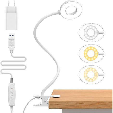 10W Lampe de Bureau à Pince avec Chargeur USB[3 Modes d’Éclairage &10 Niveaux de Luminosité] Flexible à 360°Lampe Lecture Clipsable, 70CM Lampe Bureau Led pour Maison/Bureau-Blanc (1/5)