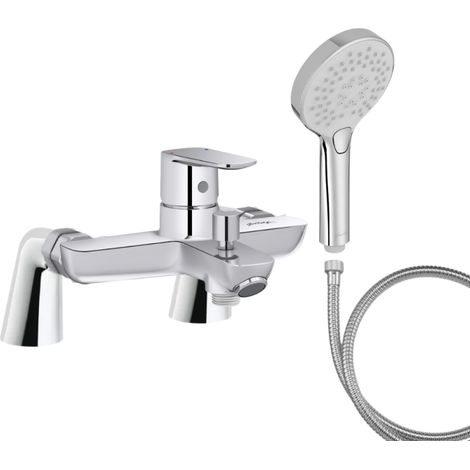 Mitigeur baignoire JACOB DELAFON July+ + pommeau de douche Metro + flexible de douche métal + colonnettes (1/4)