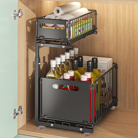 Tiroir Coulissant Sous Évier - 1 Unité - Acier au Carbonne Noir - Hauteur Réglable 41-49 cm - Rangement Cuisine et Salle de Bain - 37,5 x 26,5 cm (1/5)