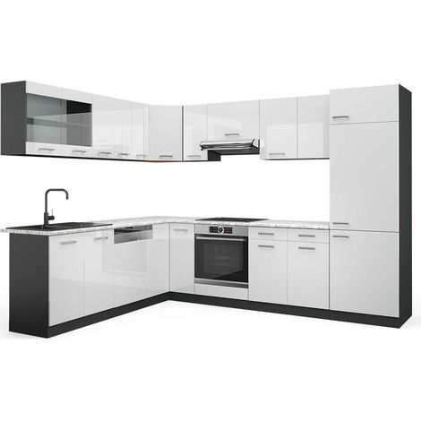 Cocina esquinera R-Line, Blanco alto brillo/Antracita, 287 x 227 cm, ET Mármol, Vicco (1/5)