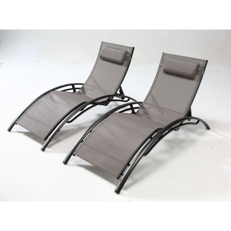 Concept-Usine – Lot de 2 transats empilables et ajustables en aluminium gris-noir – Dossier inclinable 6 positions – Têtière incluse – Toile en polyester ultra résistant