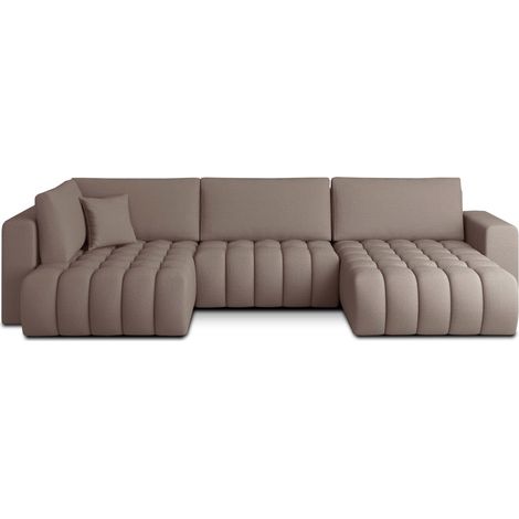Sofá de esquina BONITA convertible 6 plazas beige oscuro tela – derecho – 350x175cm (1/3)