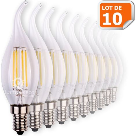 Lampesecoenergie – Lot de 10 ampoules led flamme coup de vent filament 4W – Équivalent 42W – Culot E14 à visser – Lumière chaude 2700K – 470 lm, 330°