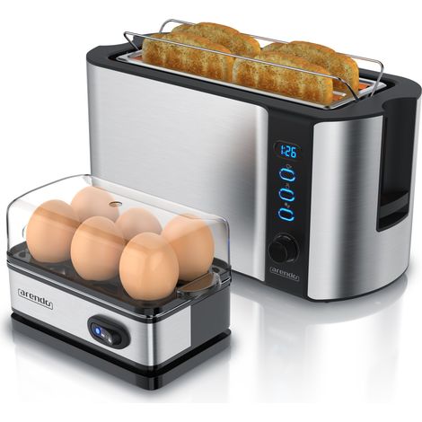 Arendo Frühstücksset, Langschlitz Toaster 4 Scheiben, Eierkocher für 6 Eier, Silber (1/5)