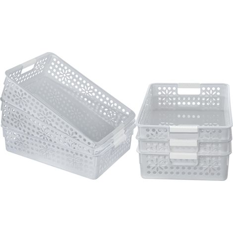 Lot de 6 boîtes de rangement en plastique avec poignée, paniers de rangement avec trou, panier de rangement ouvert pour la maison, la cuisine, le bureau, gris, 34,5 x 24,5 x 8,5 cm (1/5)