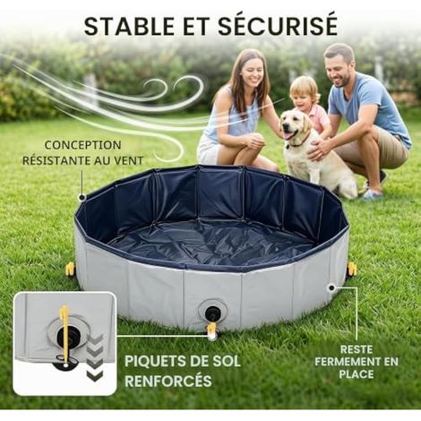 Piscine pour chien - Baignoire pour poules - Pliable - En PVC résistant aux rayures - 80 × 20 cm - Bain de poussière pour poules - Pliable - Réglable - Convient pour tous les petits animaux - Gris (1/4)