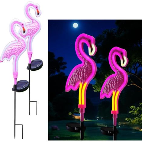 2 paquets de LED solaire alimenté lampes flamingo, belle lampe de décoration cour extérieure, sans fil crépuscule à l'aube imperméable jardin route lumières paysage. (1/4)