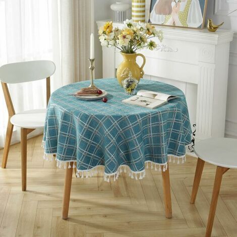 Nappe ronde en coton et lin Nappe à franges anti-taches Protège-table lavable 140x140cm (1/4)