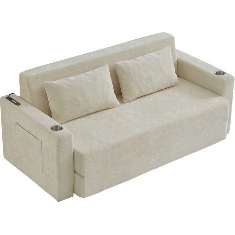 Sofá cama de 2 plazas plegable de chenilla beige con 2 cojines y puerto USB (1/5)