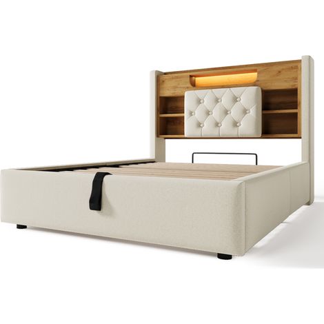 Letto contenitore 90x200 cm in lino beige con LED, USB-C e testiera con contenitore - HOMVRA (1/5)