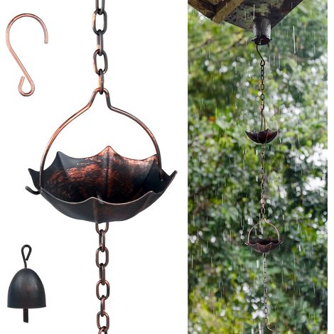 Chaîne de pluie réglable de 380 cm - En métal - Avec 12 bols - Chaîne de gouttière avec cloches de pluie - Pour le récupérateur de pluie en plein air (1/5)