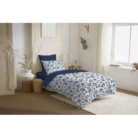 Pack complet housse de couette réversible "Vanessa" 4 pièces pour lit 90 x 190 Eloise Bleu