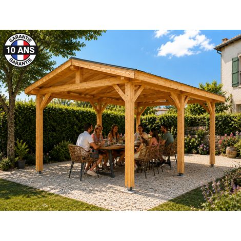 Carport bois Douglas 18 m² double pente avec pieds acier 6 poteaux abri voiture garantie 10 ans (1/5)