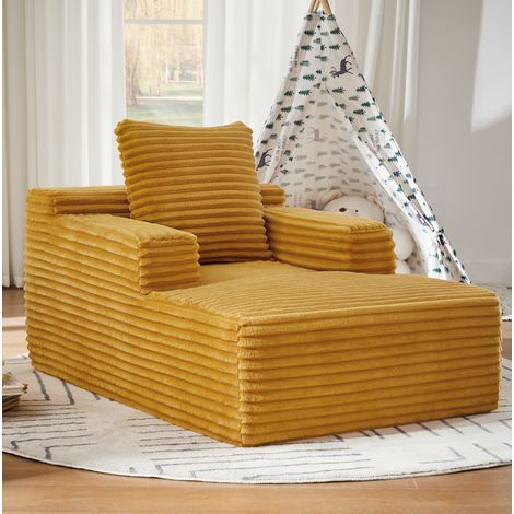 Chaiselongue gelb aus Cord mit Schlaffunktion und Polsterung aus Schaumstoff und Taschenfederkern (1/5)