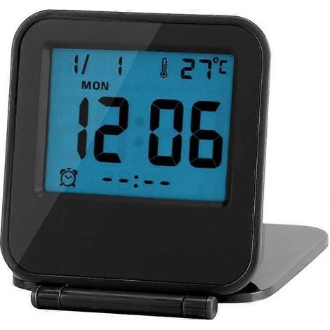 Réveil de voyage numérique, mini-réveil portable pliable avec calendrier, affichage de la température et minuteur, écran LCD avec fonction snooze et rétroéclairage bleu doux, format compact (1/5)