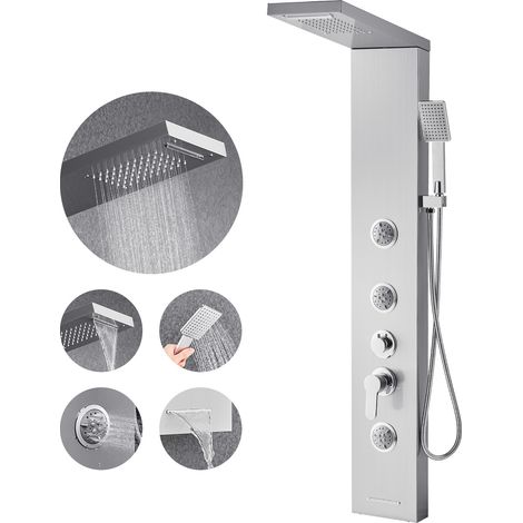 Mophorn Duschpaneel-Turmsystem (5-in-1) mit Regenwasserfall-Duschkopf, Edelstahl-Duschsäule (1345 mm), Wandmontage-Massagesystem mit Handbrause, Wannenauslauf und drei Körperdüsen