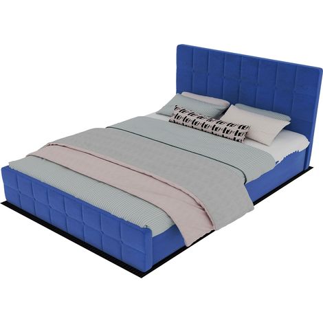 Lit rembourré en velours doux avec tête de lit, tissu velours bleu, design de chambre moderne, espace de rangement, convient pour un matelas de 160 × 200 cm. (1/4)