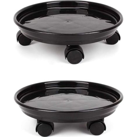 Lot de 2 soucoupes rondes pour pots de fleurs (30 cm) avec 4 roulettes pour la maison ou le jardin - Noir (1/4)