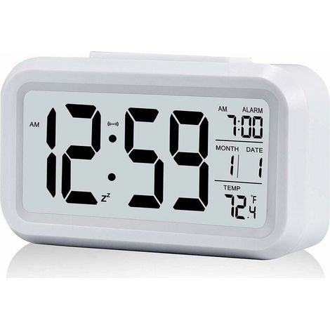 1pc Blanc Réveil Digital Réveil Matin, Horloge Numérique Réveil à Pile Silencieux pour Enfants Adultes Grand écran LED Température Calendrier (1/4)