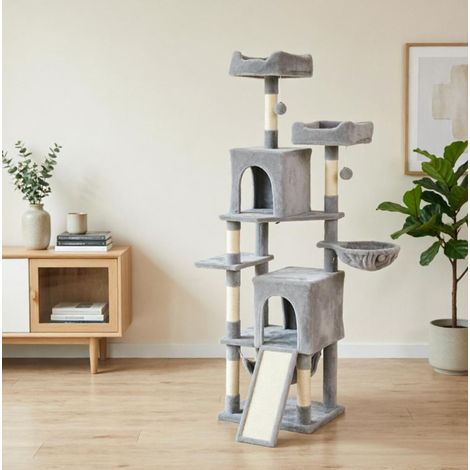 OKWISH Kratzbaum für Katzen, 177 cm, mit 3 Plattformen, 2 Höhlen, 2 Betten und 2 Hängematten (1/5)