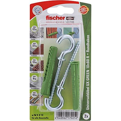Fischer 2x tasselli universali UX GREEN 10 x 60 mm R RH con bordo e gancio a anello - 520710