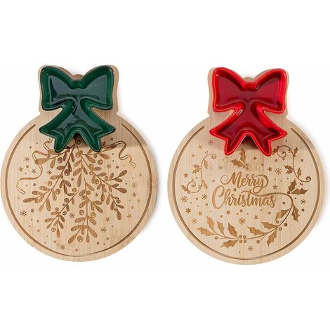 Set apéritif planche en bois gravée de motifs de Noël avec coupelle en céramique en forme de nœud, lot de 4, plateau : 20 x H. 25 cm