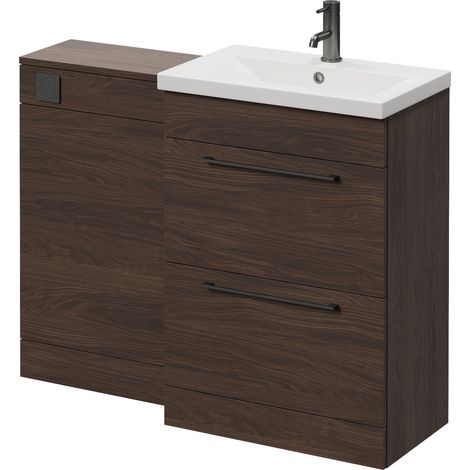 Napoli 390 Brown Oak 1100mm 2 Drawer Vanity Unit Toilet Suite with Glide Basin - 1100mm - Gunmetal Grey 320mm HandleWithout Kingston Toilet Pan